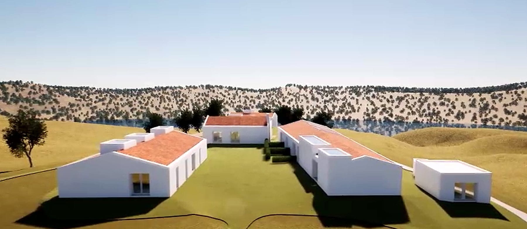 Render of the eco-resort courtyard between whitewashed buildings