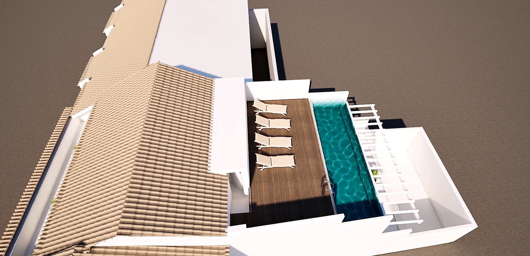 Render of the boutique hotel rooftop terrace and pool